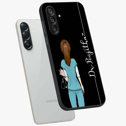 Doctor Pattern Custom Name Glass Case displayed in angled mockup highlighting doctor inspired artwork with custom name feature.