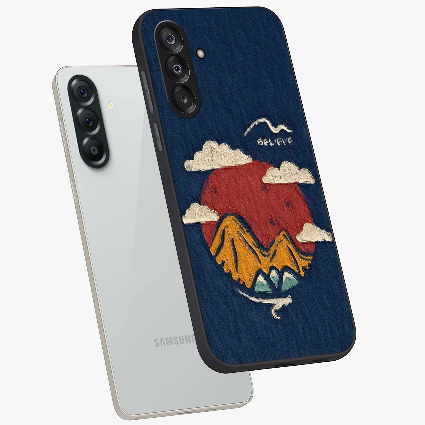 Dream Beyond Mountains Glass Case displayed in angled mockup highlighting dreamy mountain illustration with peaceful aesthetic.