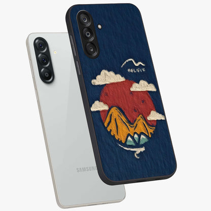 Dream Beyond Mountains Glass Case displayed in angled mockup highlighting dreamy mountain illustration with peaceful aesthetic.