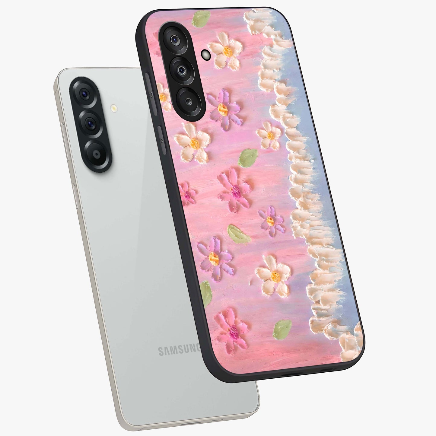 Dreamy Painted Garden Glass Case displayed in angled mockup highlighting colorful garden illustration with dreamy aesthetic style.
