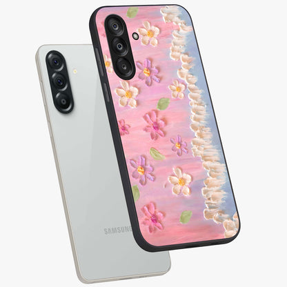 Dreamy Painted Garden Glass Case displayed in angled mockup highlighting colorful garden illustration with dreamy aesthetic style.