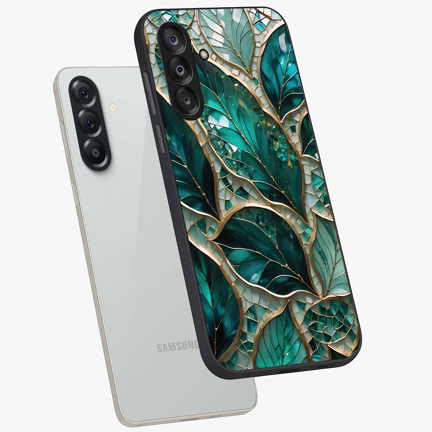 Emerald Leaf Glass Glass Case displayed in angled mockup highlighting botanical leaf illustration with elegant natural aesthetic.