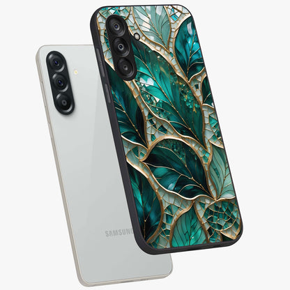 Emerald Leaf Glass Glass Case displayed in angled mockup highlighting botanical leaf illustration with elegant natural aesthetic.