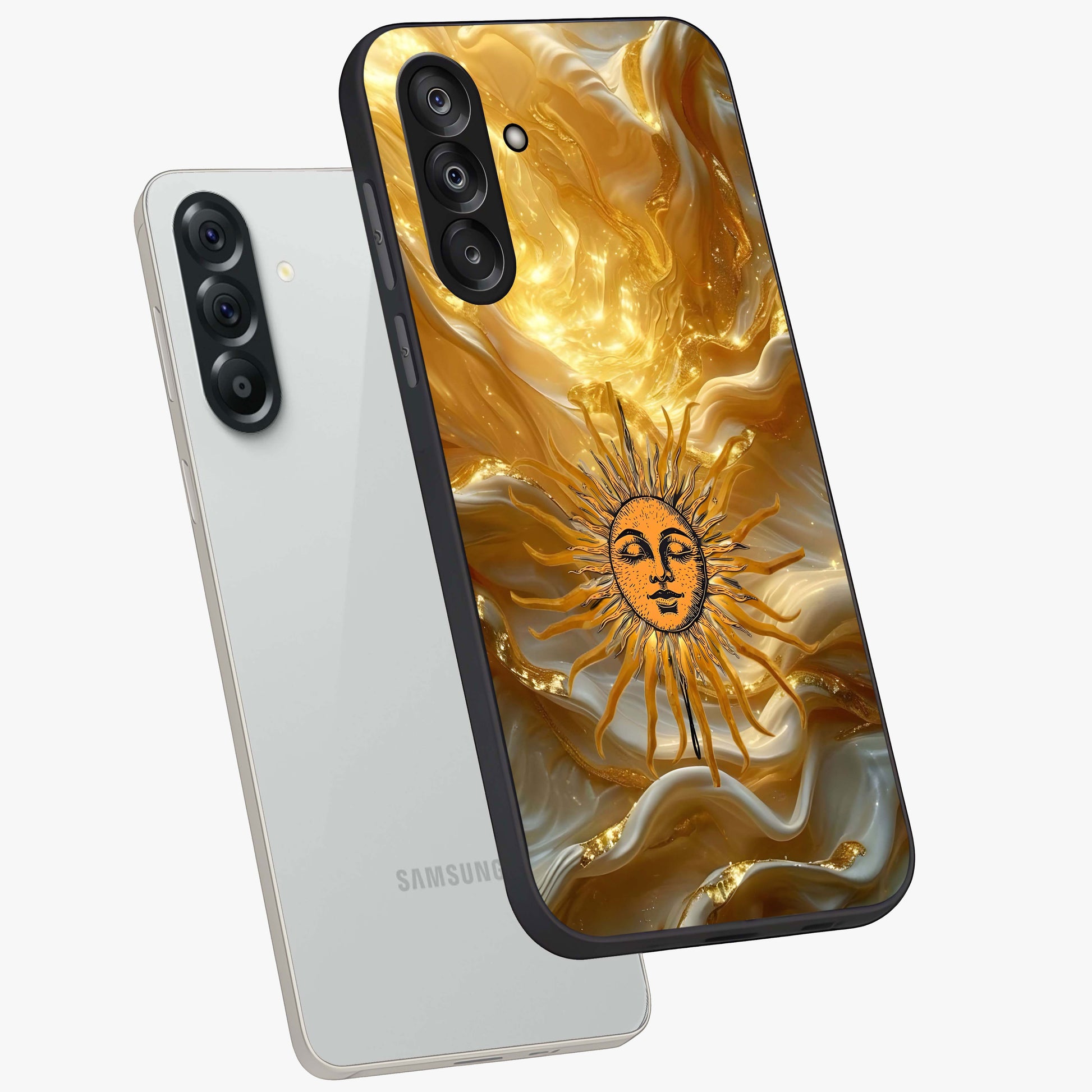 Eternal Golden Glow Glass Case displayed in angled mockup highlighting glowing golden aesthetic design with elegant style.