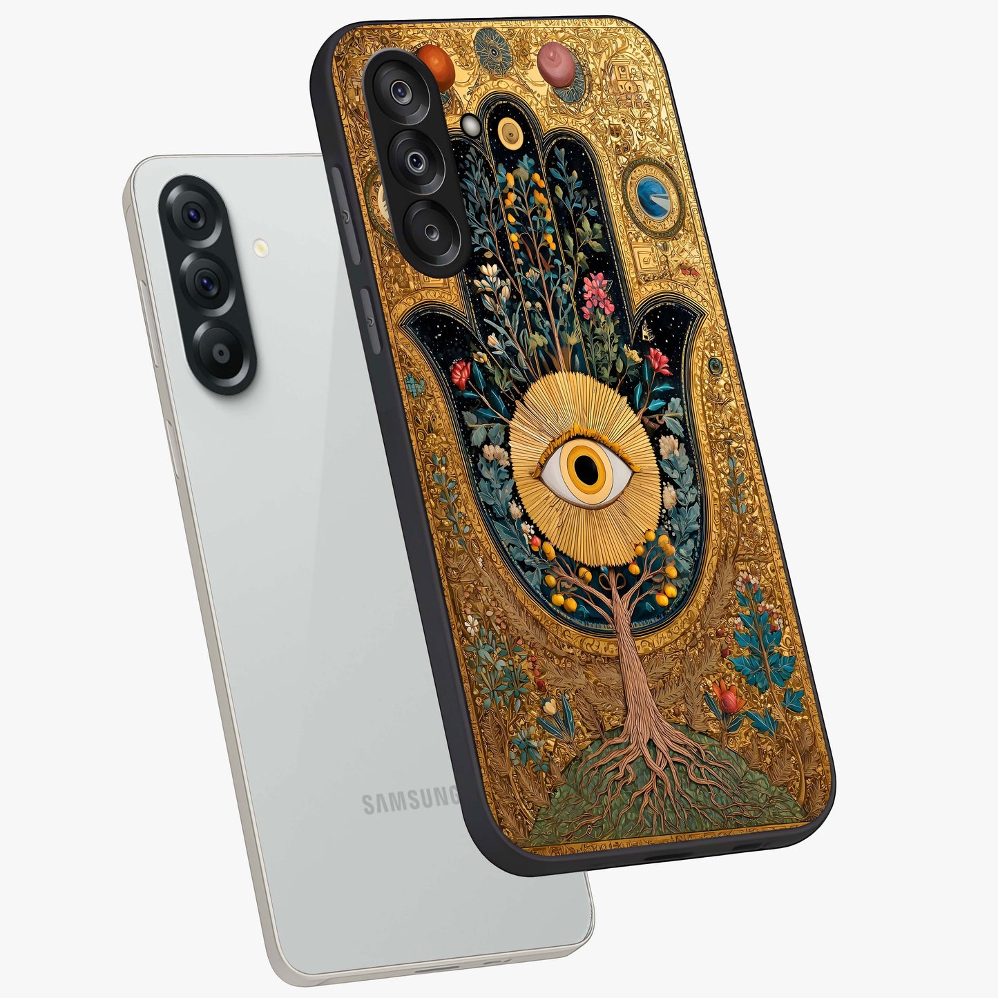 Ethereal Evil Eye Glass Case displayed in angled mockup highlighting protective evil eye symbol with spiritual aesthetic design.