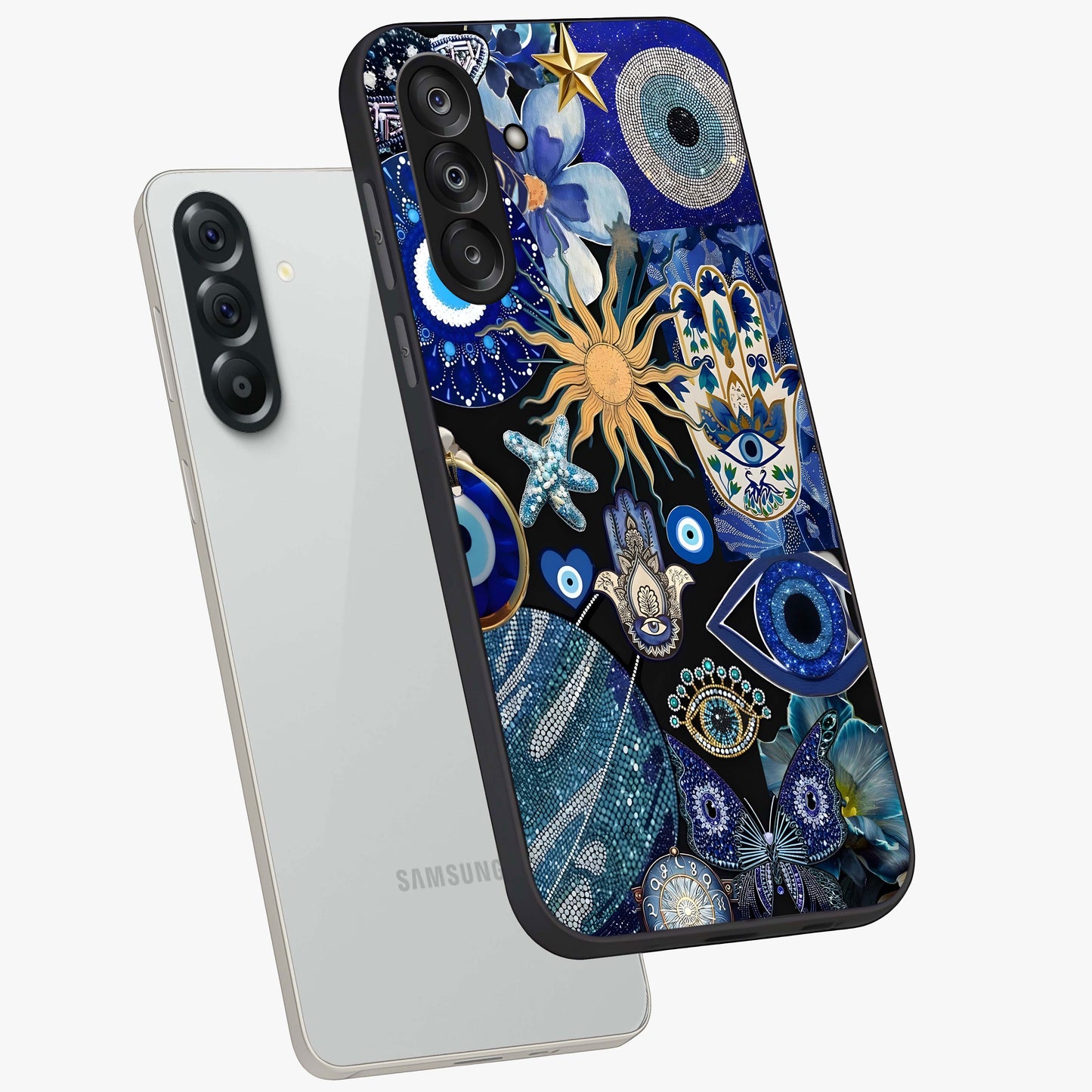 Evil Eye Charm Mix Glass Case displayed in angled mockup highlighting protective evil eye symbols with spiritual aesthetic design.