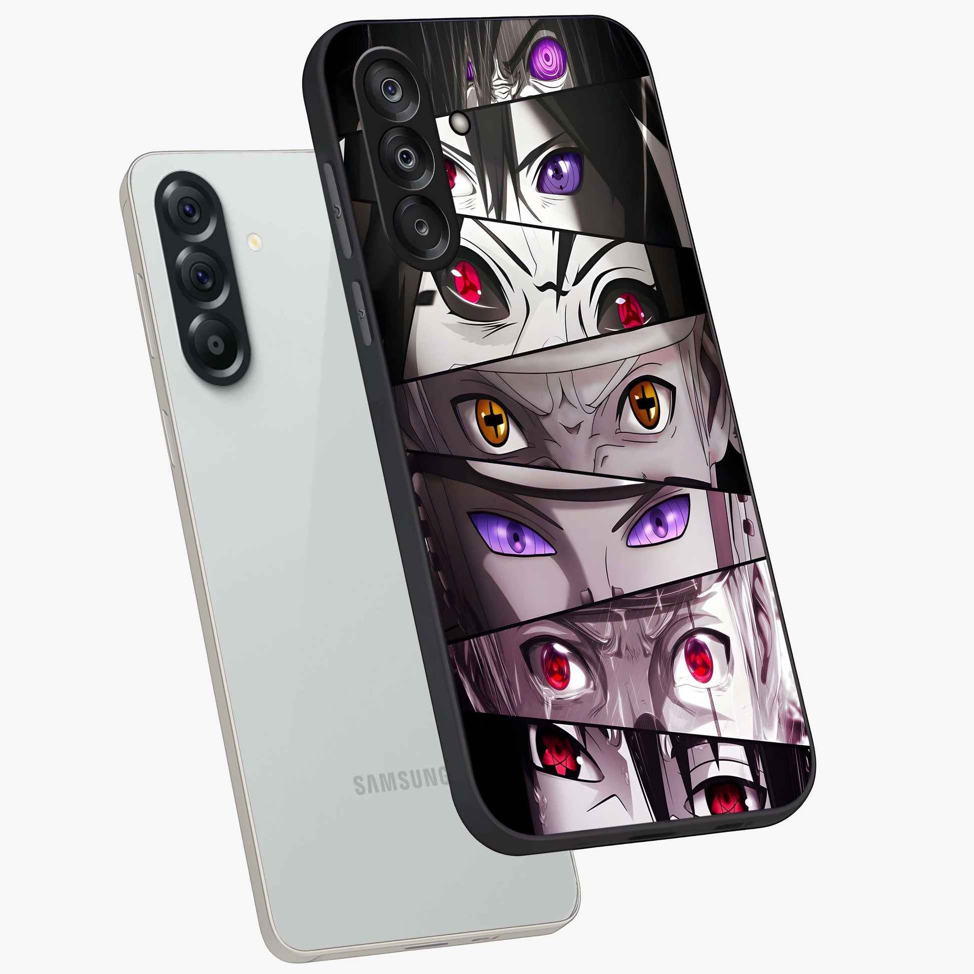 Eyes of Destiny Glass Case displayed in angled mockup highlighting bold eye illustration with mystical aesthetic style.