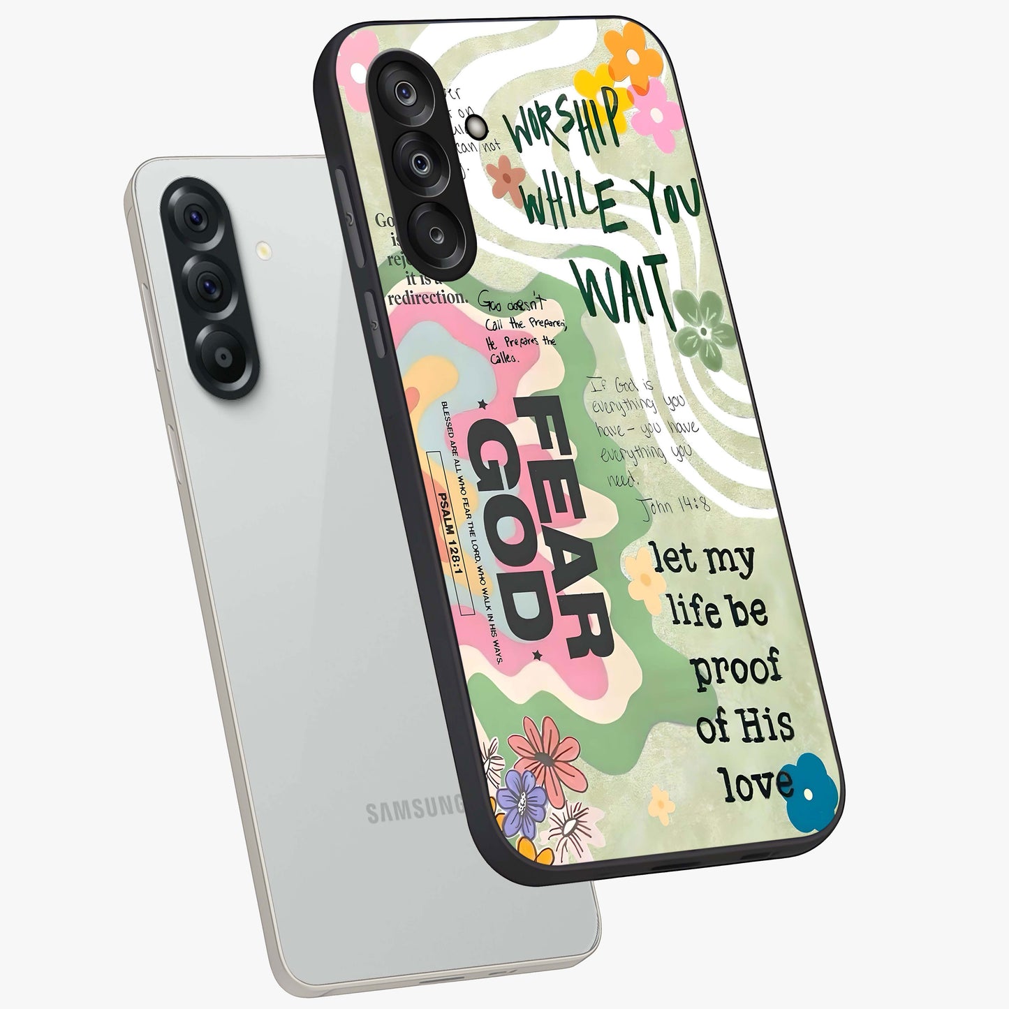 Faith Over Fear Glass Case displayed in angled mockup highlighting inspirational message design with modern aesthetic style.