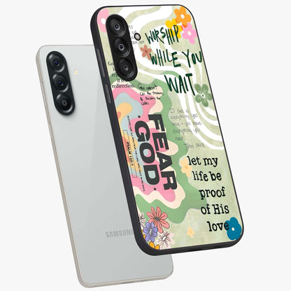 Faith Over Fear Glass Case displayed in angled mockup highlighting inspirational message design with modern aesthetic style.