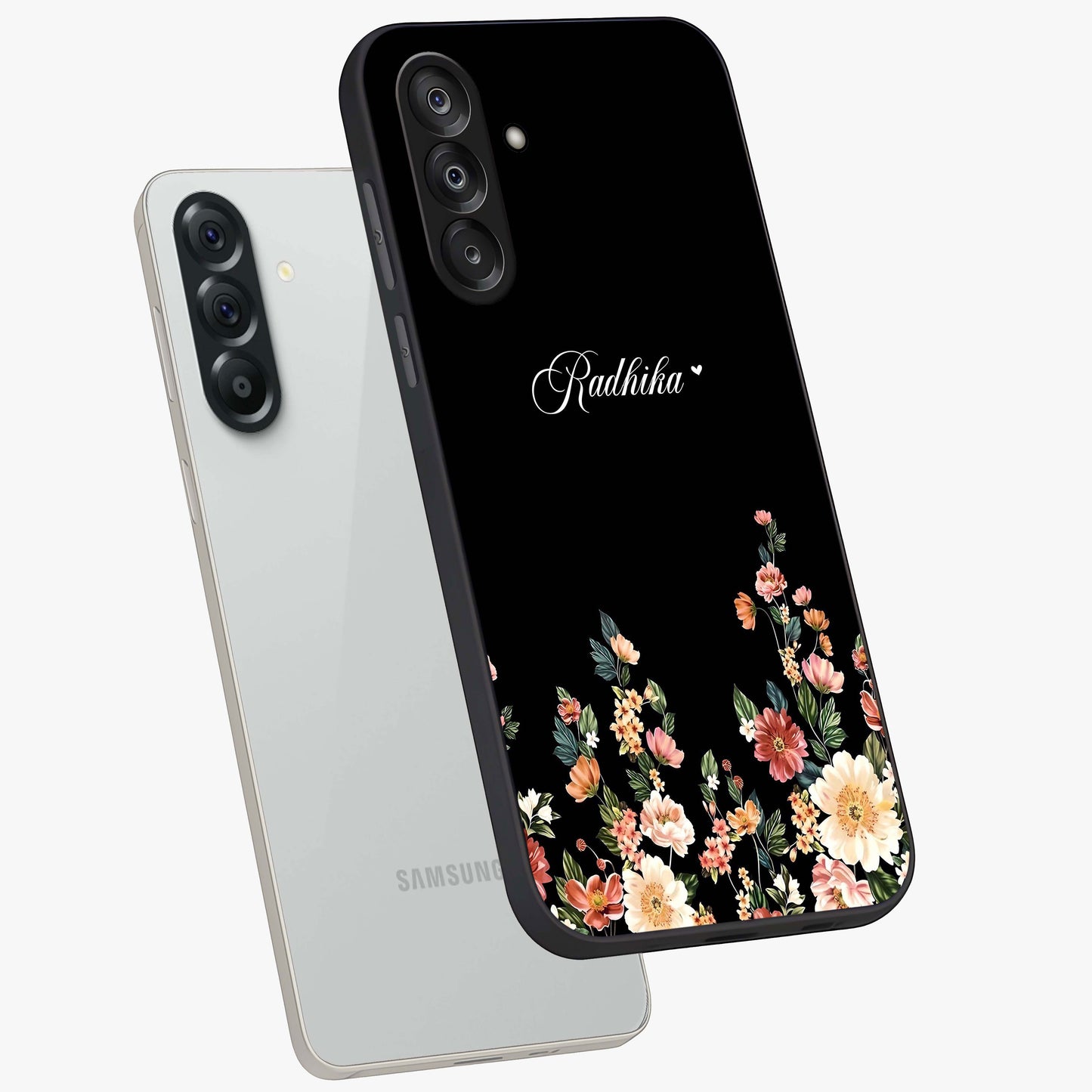 Floral Design With a Custom Personalized Name Glass Case displayed in angled mockup highlighting elegant floral pattern with custom name feature.
