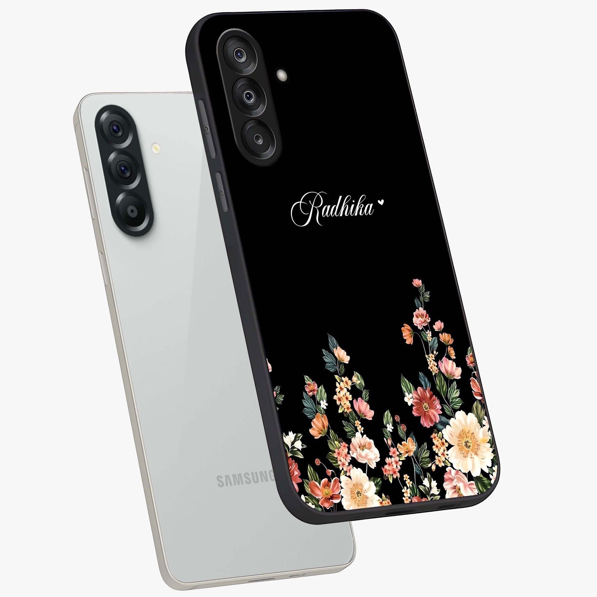 Floral Design With a Custom Personalized Name Glass Case displayed in angled mockup highlighting elegant floral pattern with custom name feature.