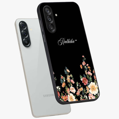 Floral Design With a Custom Personalized Name Glass Case displayed in angled mockup highlighting elegant floral pattern with custom name feature.