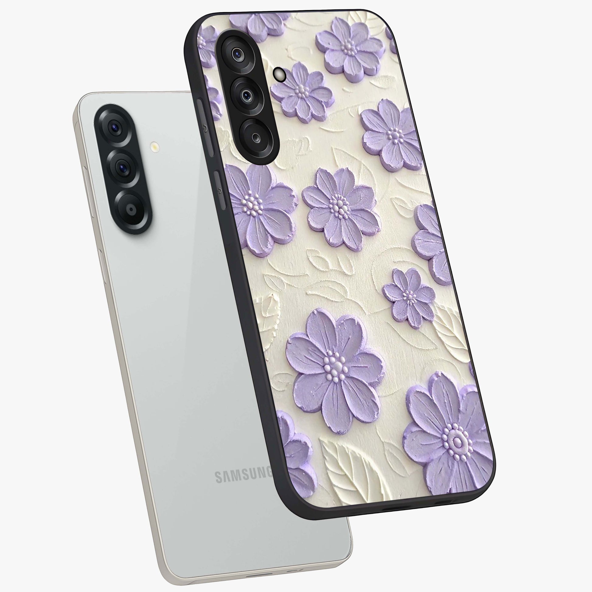 Floral Wall Art With Purple Flowers Glass Case displayed in angled mockup highlighting vibrant purple floral illustration with artistic aesthetic.