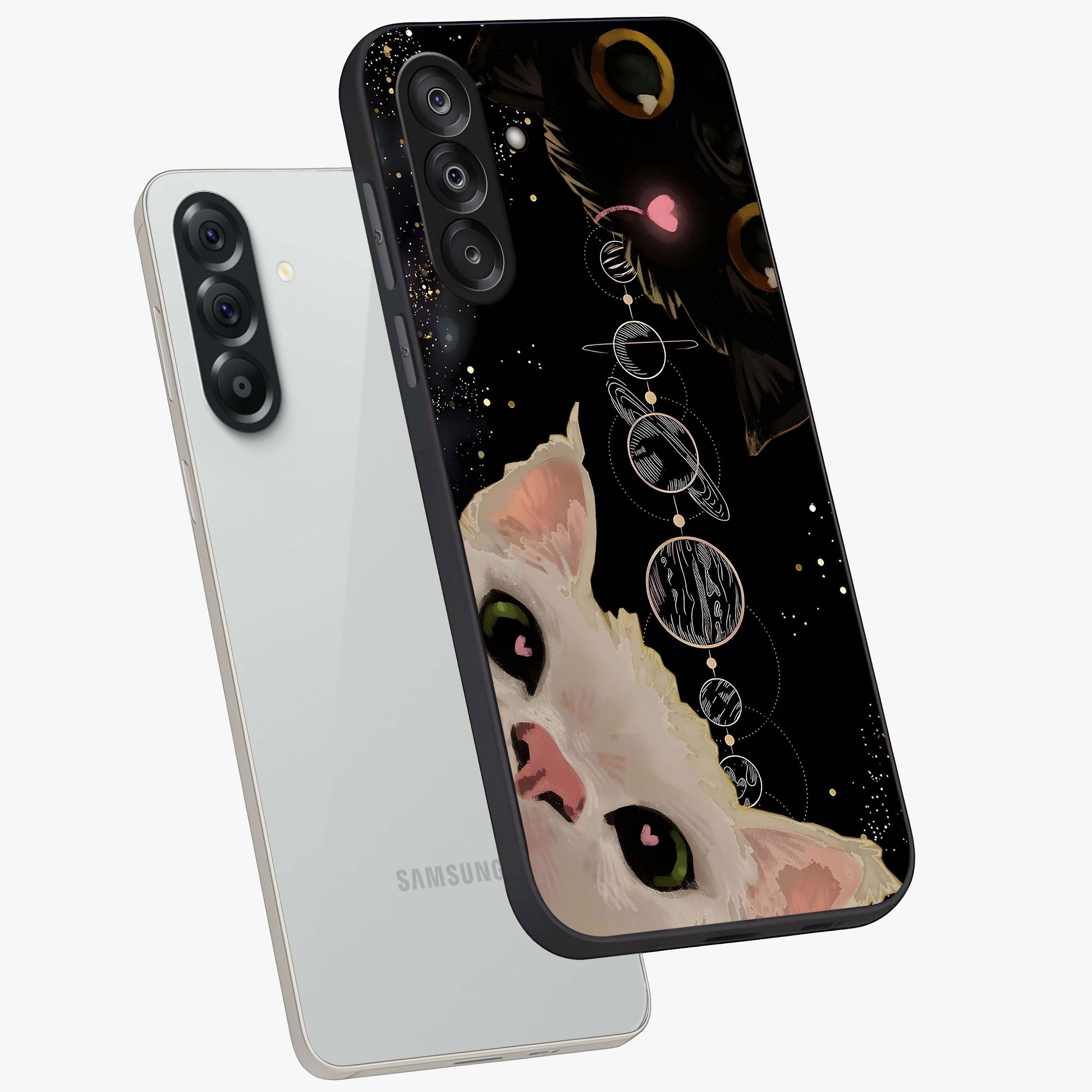 Galactic Cat Glass Case displayed in angled mockup highlighting celestial feline illustration with galaxy aesthetic style.