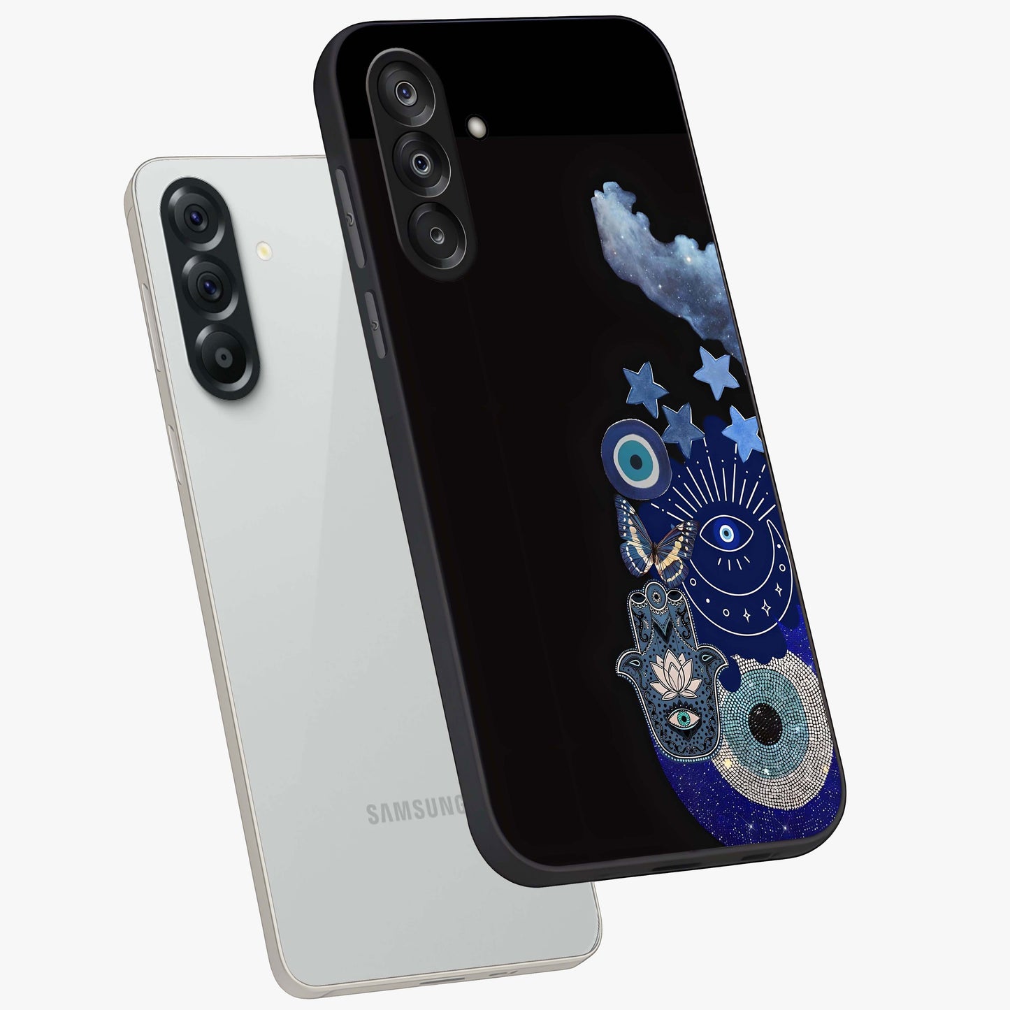 Galactic Charm Cluster Glass Case displayed in angled mockup highlighting luminous galaxy inspired design with dreamy aesthetic.
