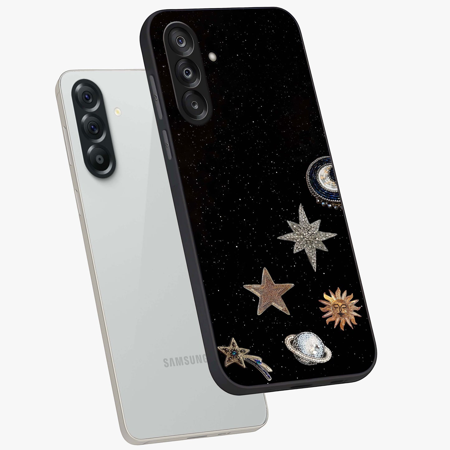 Galactic Charm Glow Glass Case displayed in angled mockup highlighting luminous galaxy inspired design with dreamy aesthetic.