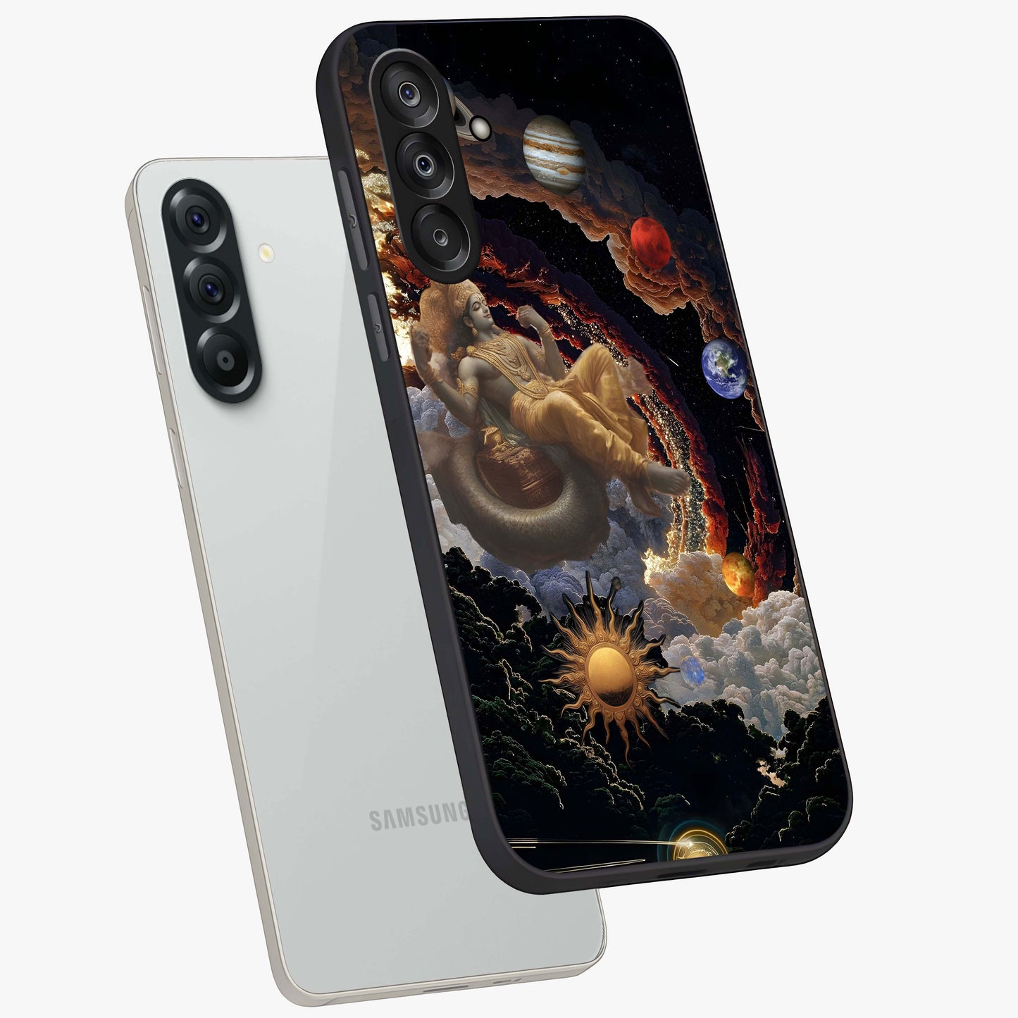 Galactic Divine God Glass Case displayed in angled mockup highlighting powerful celestial deity illustration with galactic aesthetic.