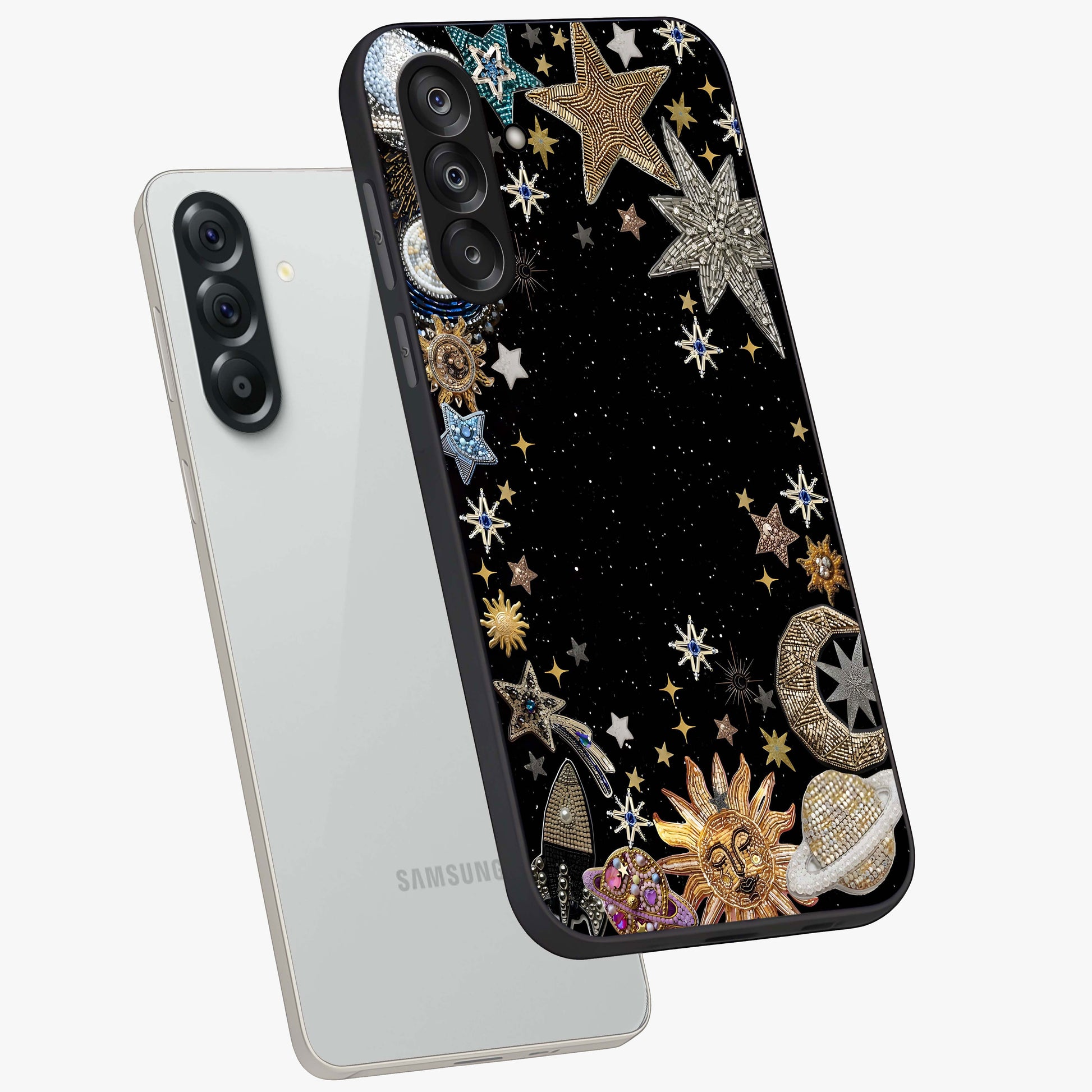 Galactic Jewel Stars Glass Case displayed in angled mockup highlighting shining celestial star design with cosmic aesthetic style.