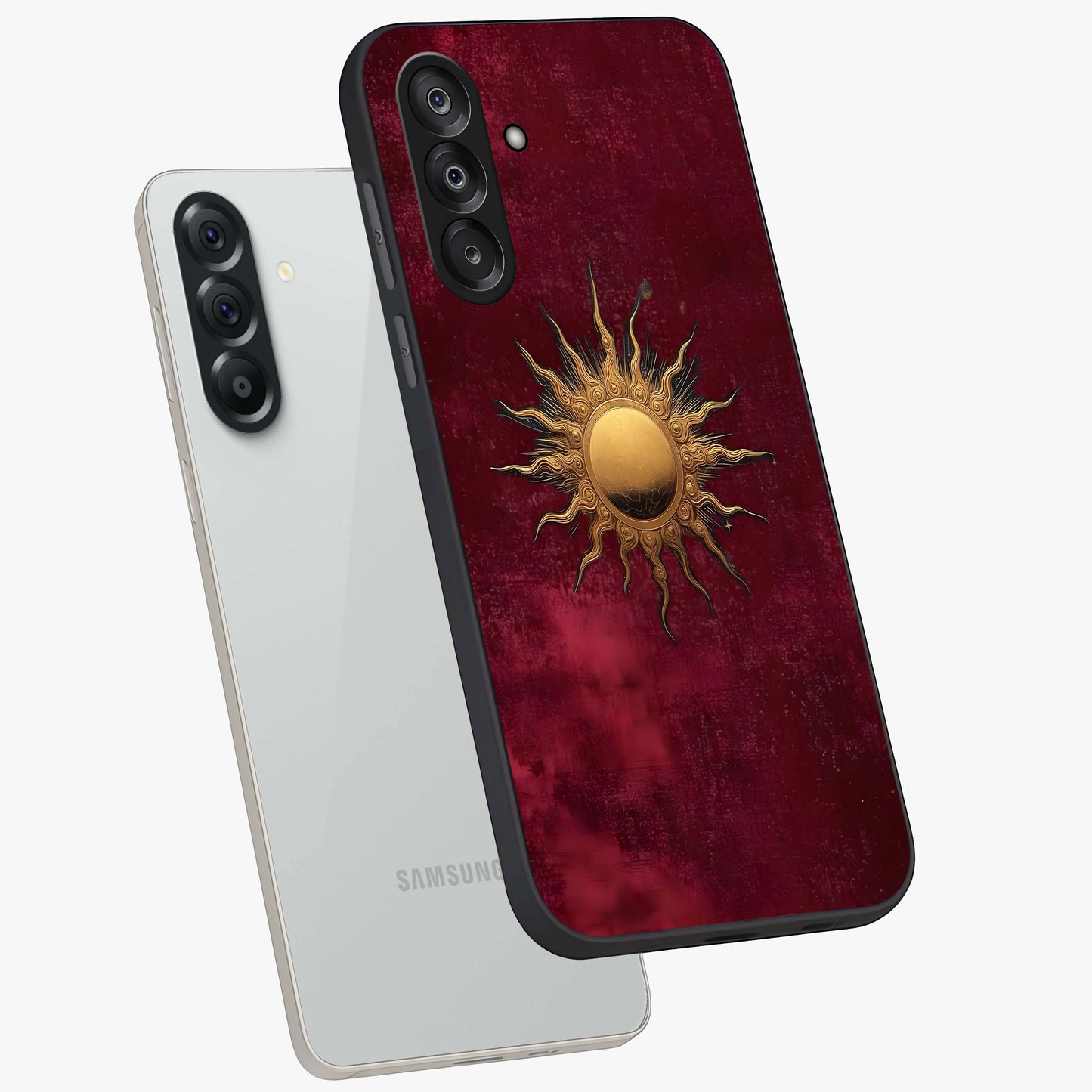 Golden Sun Minimalism Glass Case displayed in angled mockup highlighting clean sun symbol design with modern minimal aesthetic.