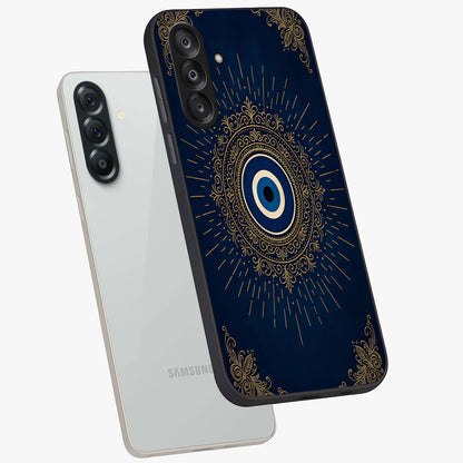 Golden Celestial Charm Glass Case displayed in angled mockup highlighting sparkling cosmic charm design with celestial aesthetic.