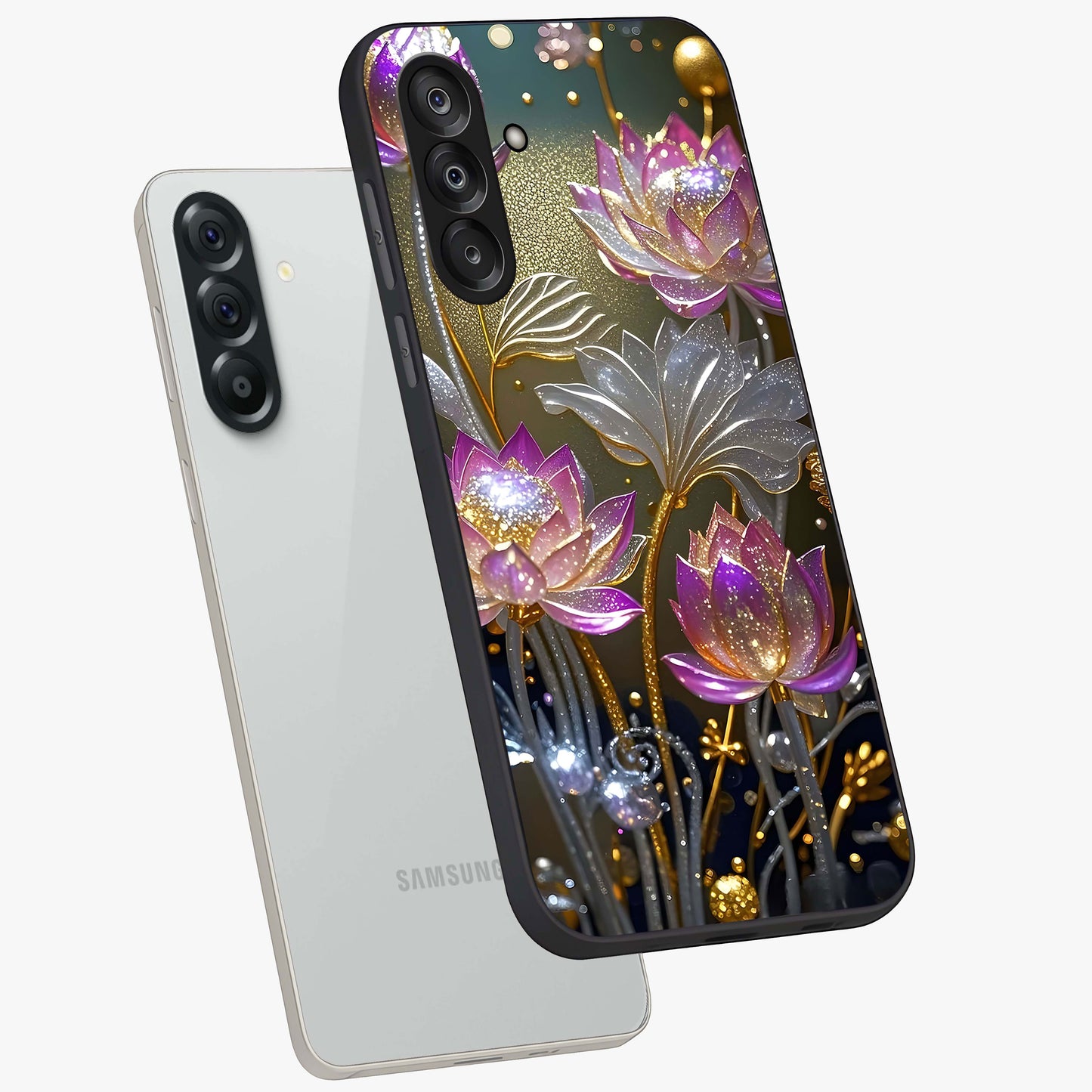 Golden Floral Majesty Glass Case displayed in angled mockup highlighting elegant flower design with royal golden aesthetic.