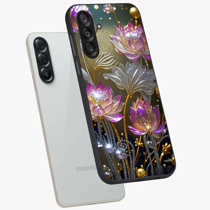 Golden Floral Majesty Glass Case displayed in angled mockup highlighting elegant flower design with royal golden aesthetic.