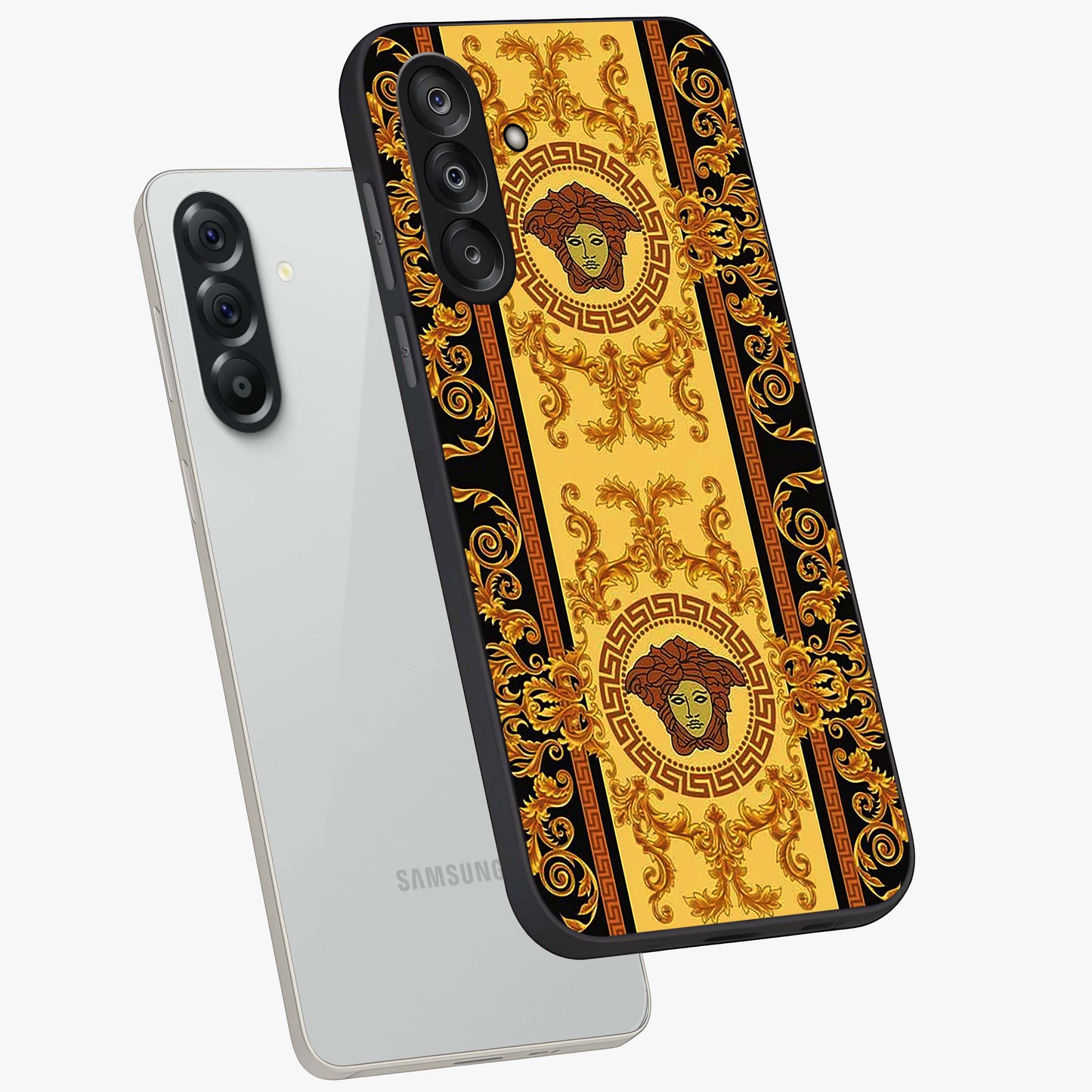 Golden Lotus Glow Glass Case displayed in angled mockup highlighting radiant lotus illustration with spiritual aesthetic.