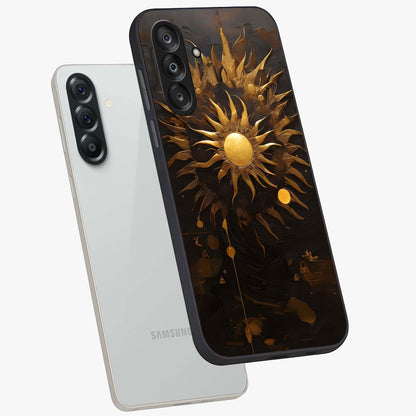 Golden Sun Majesty Glass Case displayed in angled mockup highlighting eerie shadow illustration with gothic aesthetic.