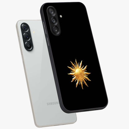 Golden Sun Minimalism Glass Case displayed in angled mockup highlighting eerie shadow illustration with gothic aesthetic.