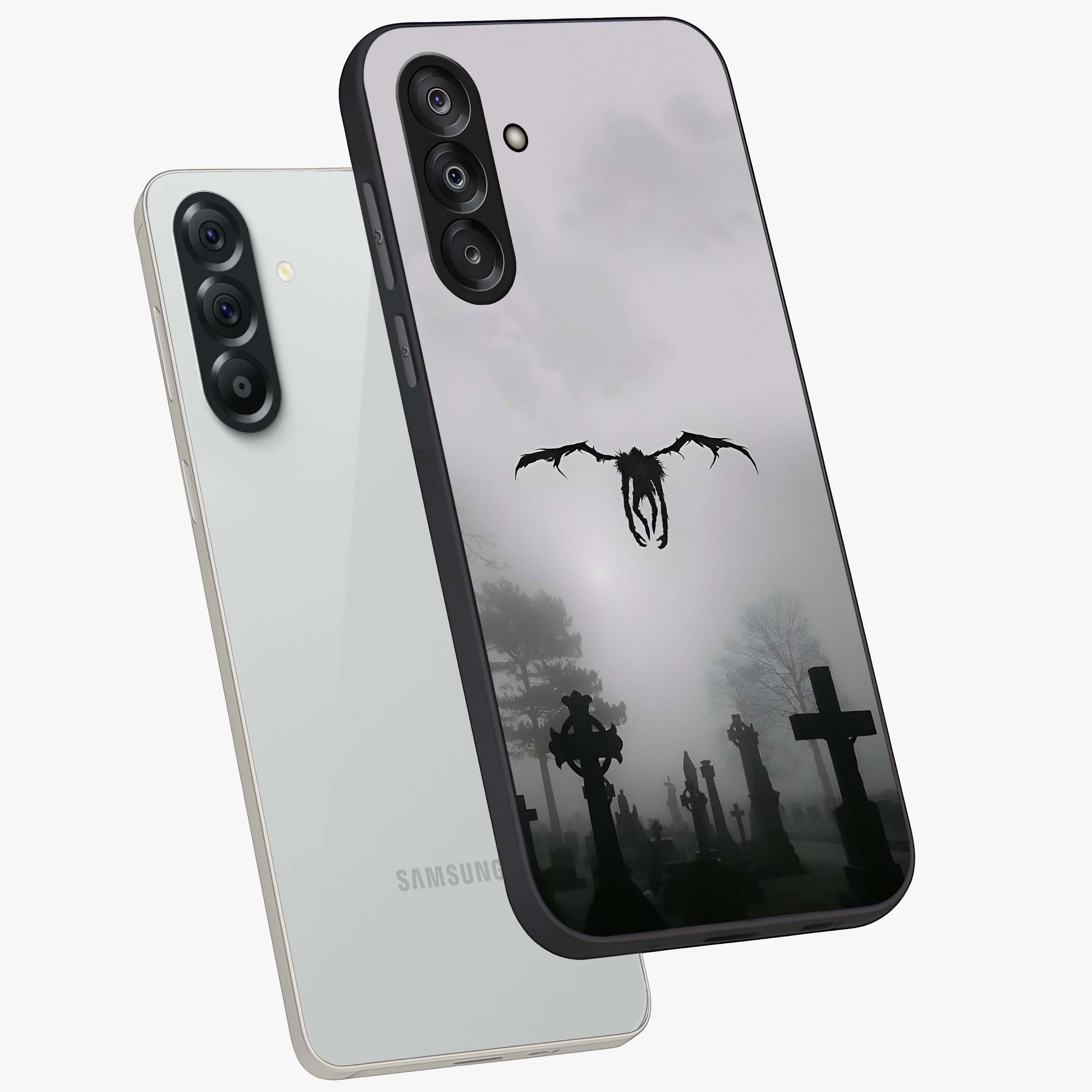 Graveyard Shadow Descent Glass Case displayed in angled mockup highlighting eerie shadow illustration with gothic aesthetic.
