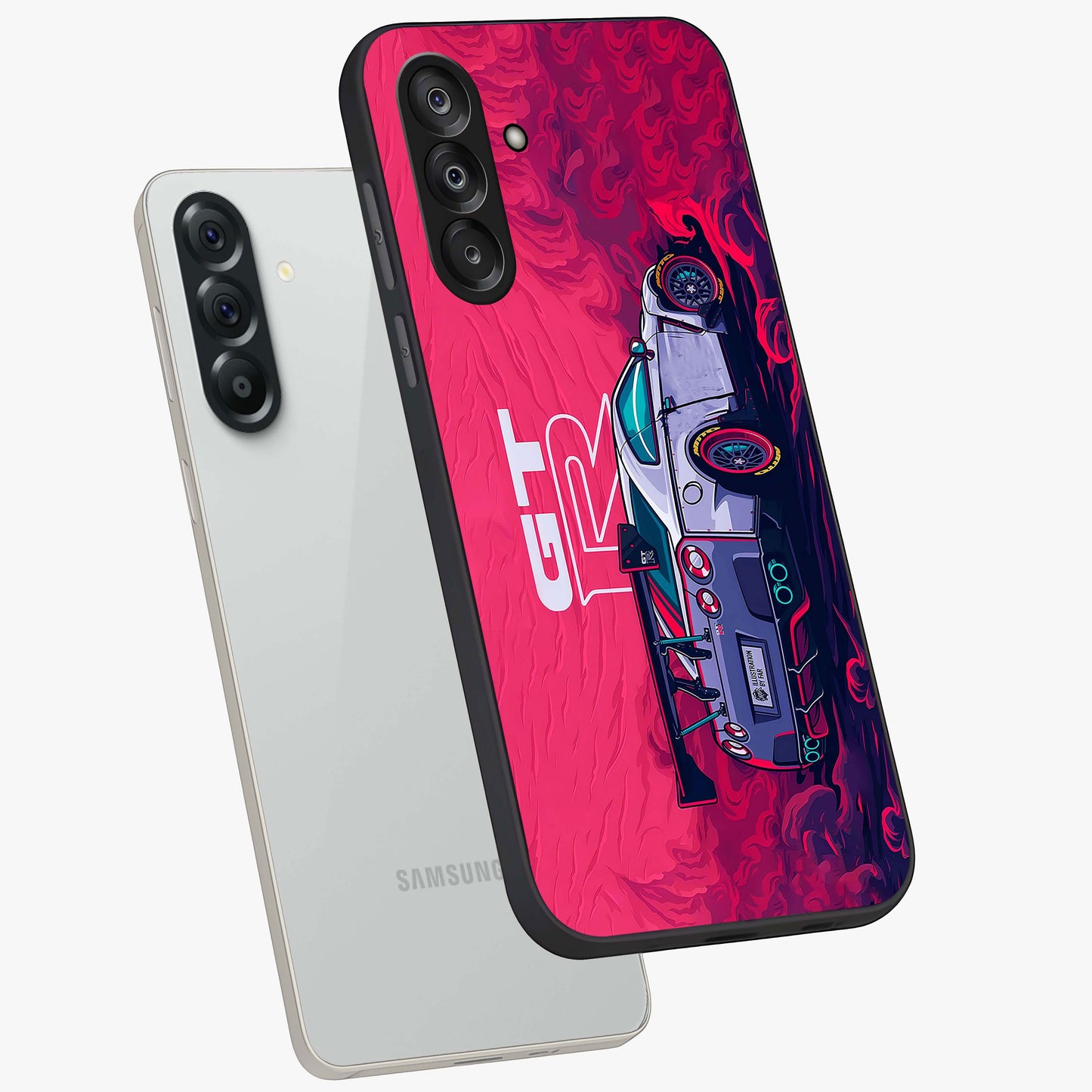 GT-R Car Pattern Glass Case displayed in angled mockup highlighting racing car graphic design with bold automotive aesthetic.