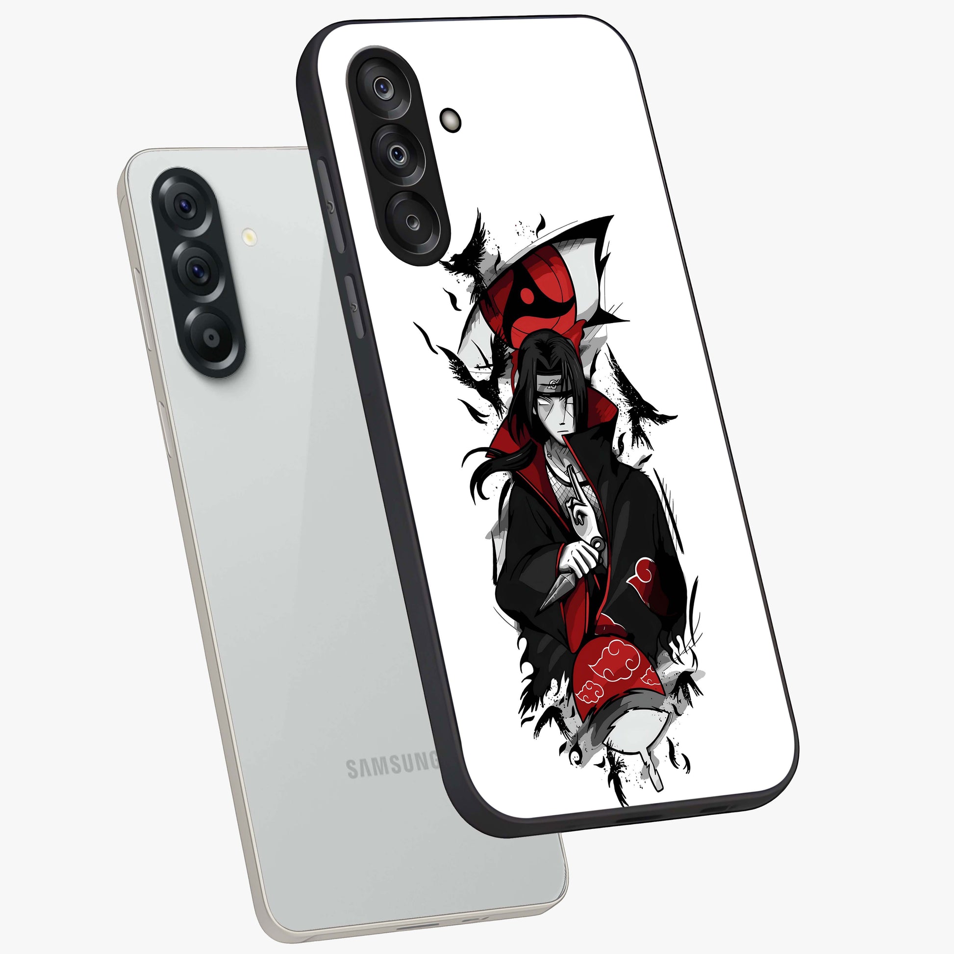 Itachi Limited Edition Naruto Anime Glass Case displayed in angled mockup highlighting dramatic anime illustration with bold action aesthetic.