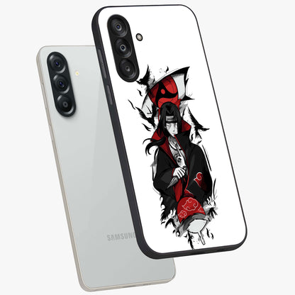 Itachi Limited Edition Naruto Anime Glass Case displayed in angled mockup highlighting dramatic anime illustration with bold action aesthetic.