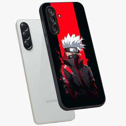 Kakashi Scarlet Shadow Glass Case displayed in angled mockup highlighting dramatic ninja illustration with scarlet themed aesthetic.