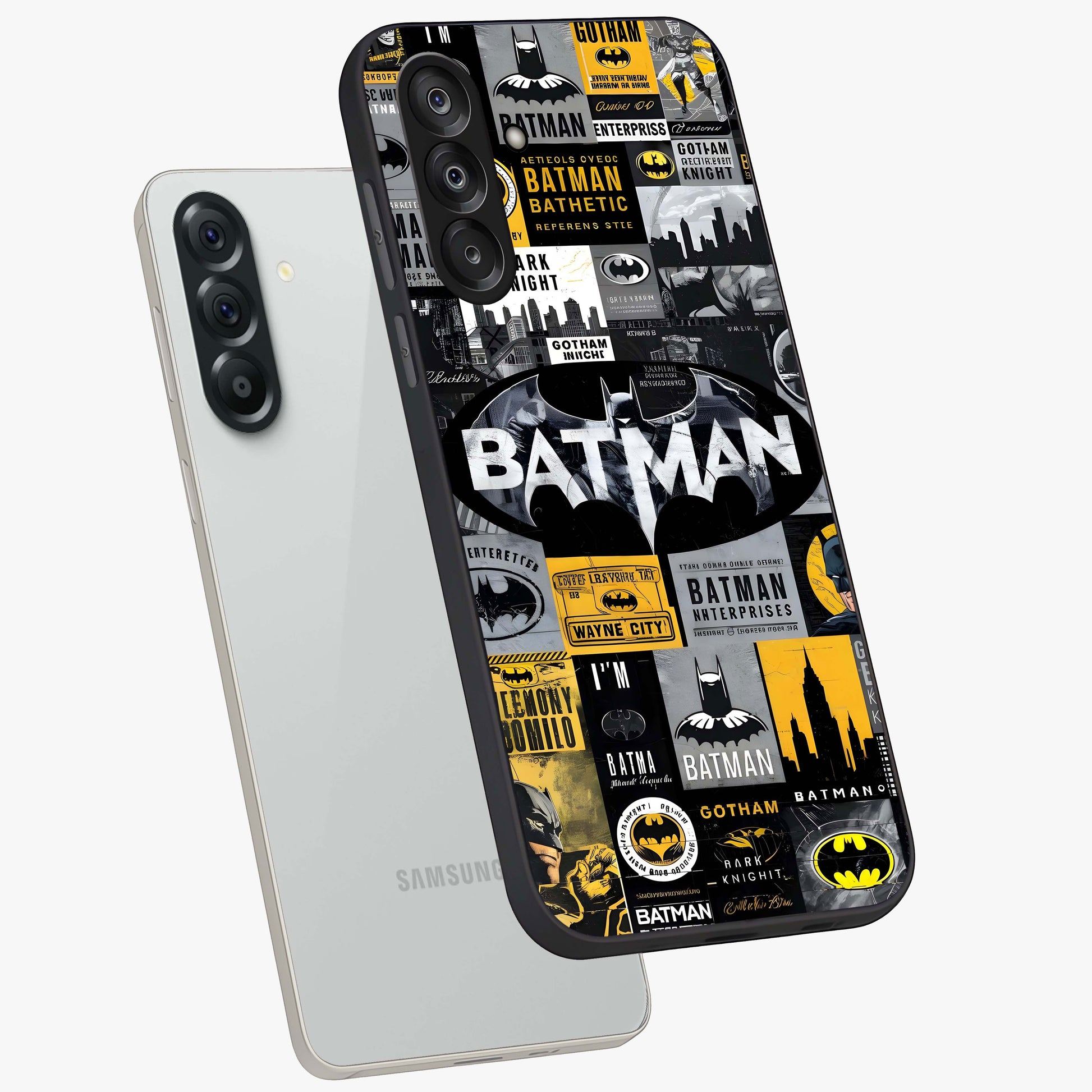 Knight Gotham Rise Glass Case displayed in angled mockup highlighting powerful knight silhouette design with dramatic aesthetic.