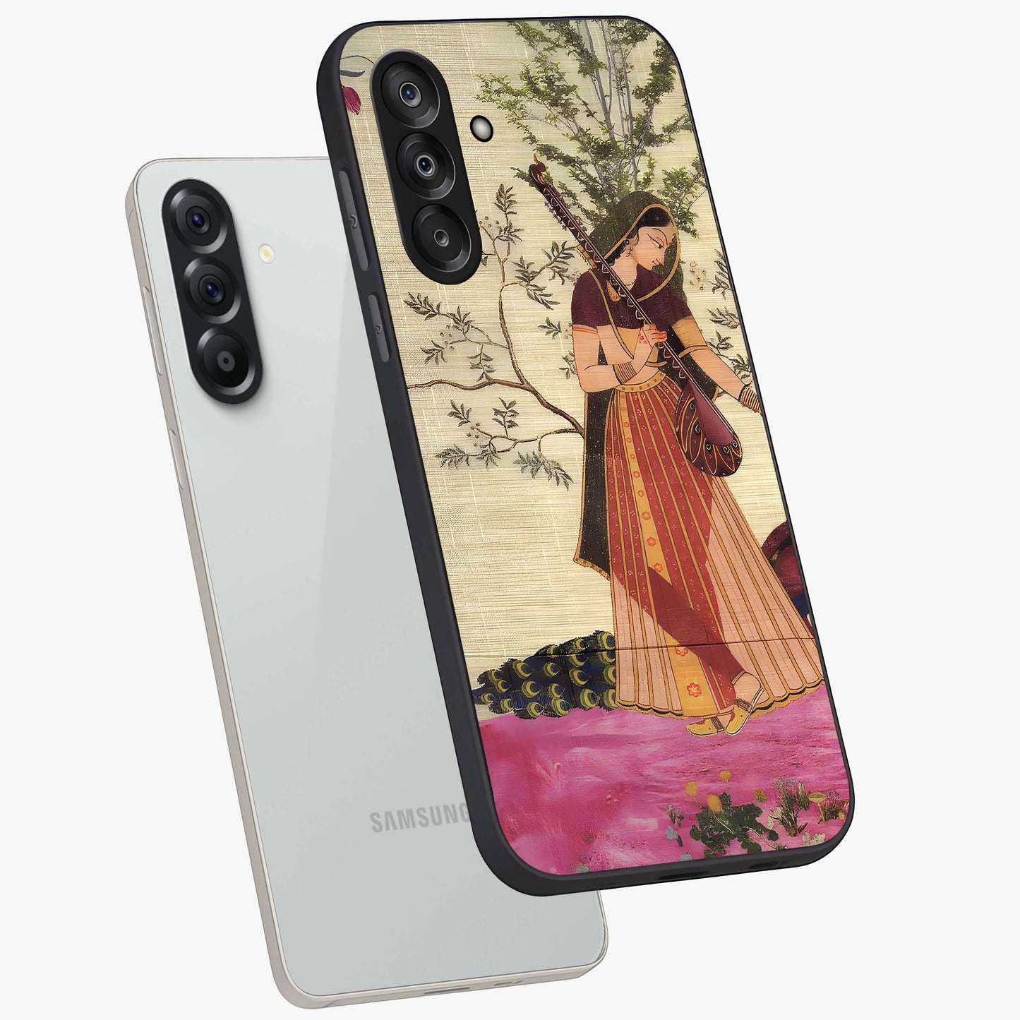 Lady With Veena Art Glass Case displayed in angled mockup highlighting graceful musical illustration with cultural artistic aesthetic.