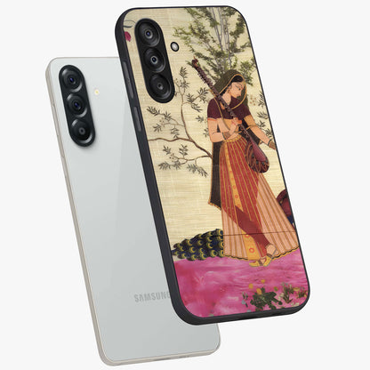 Lady With Veena Art Glass Case displayed in angled mockup highlighting graceful musical illustration with cultural artistic aesthetic.