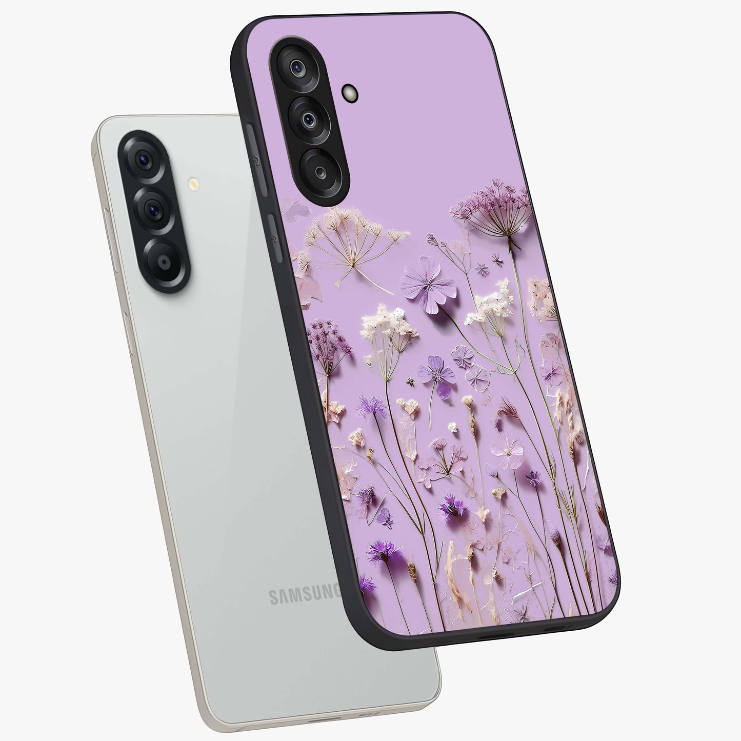 Lavender Blossom Dream Glass Case displayed in angled mockup highlighting dreamy lavender flower design with calming aesthetic style.