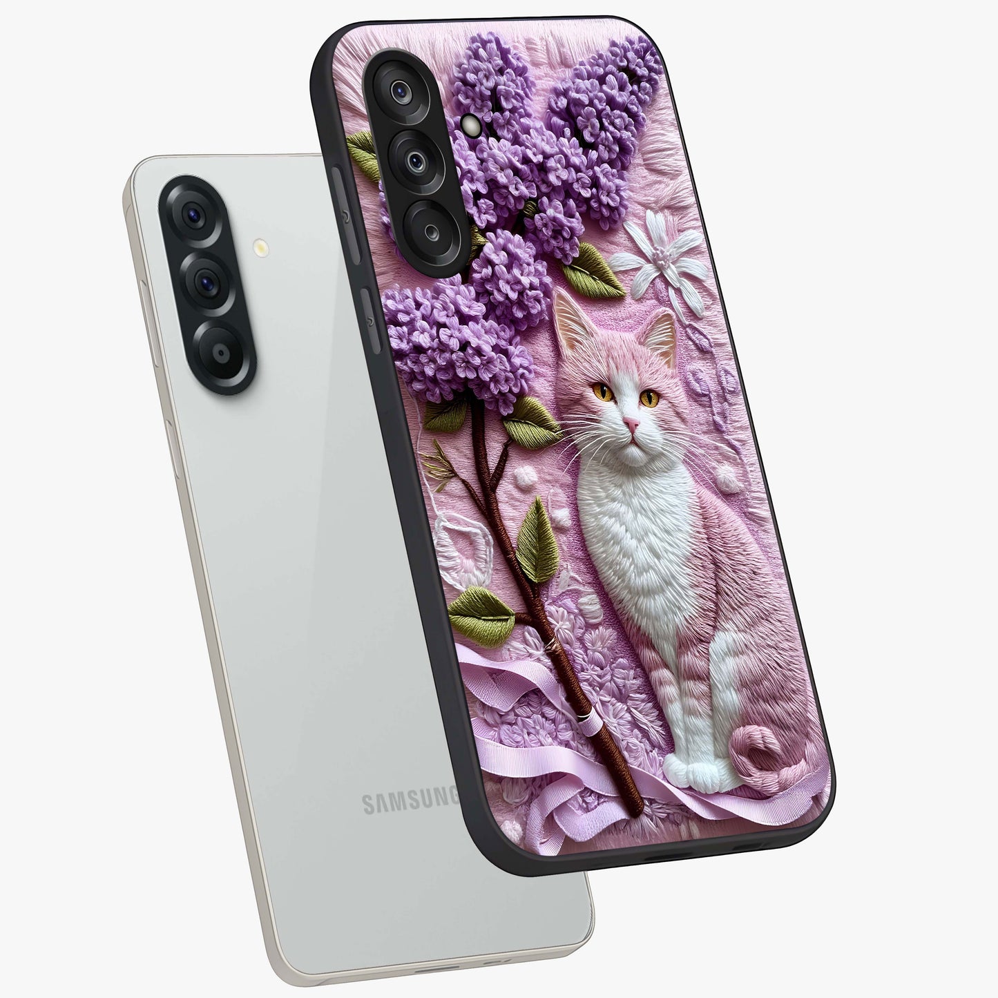 Lavender Cat Whimsy Glass Case displayed in angled mockup highlighting playful feline illustration with pastel lavender aesthetic.