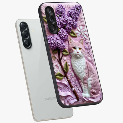 Lavender Cat Whimsy Glass Case displayed in angled mockup highlighting playful feline illustration with pastel lavender aesthetic.