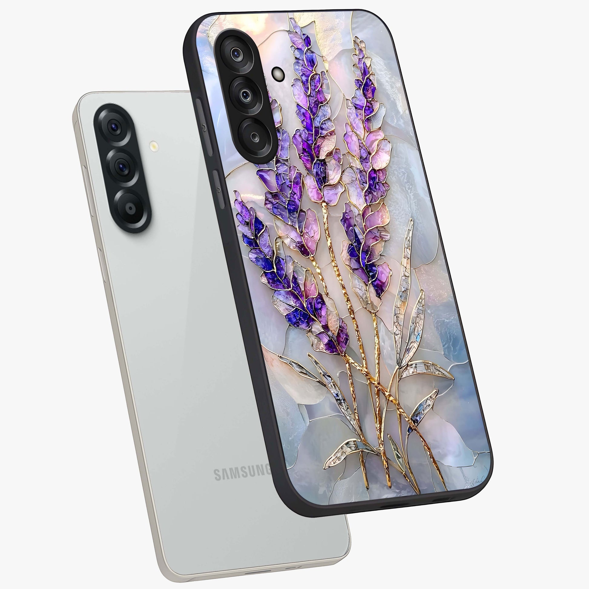 Lavender Dream Glow Glass Case displayed in angled mockup highlighting dreamy purple glow design with soft artistic style.