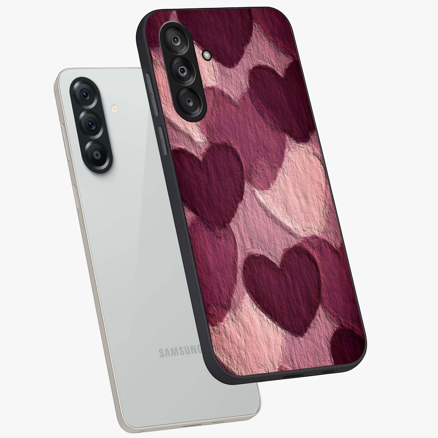 Layered Paper Hearts Glass Case displayed in angled mockup highlighting creative paper craft heart design with romantic aesthetic.