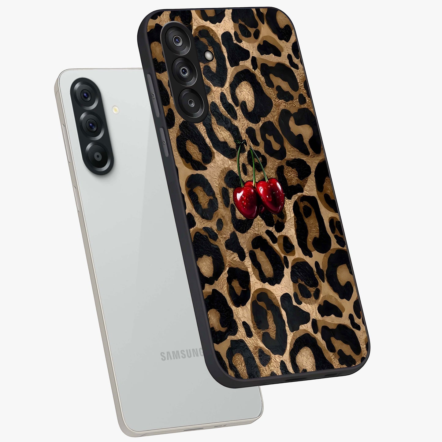 Leopard Wild Cherry Glass Case displayed in angled mockup highlighting bold animal print design with playful cherry aesthetic.