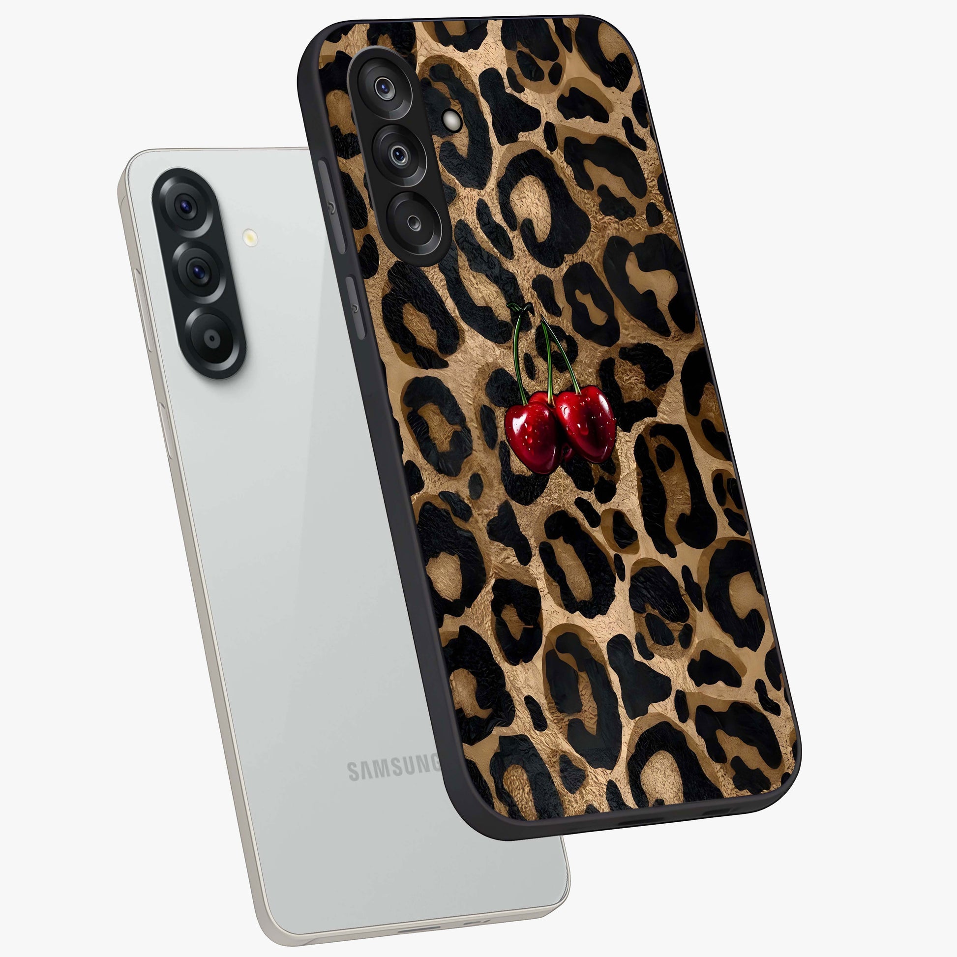Leopard Wild Cherry Glass Case displayed in angled mockup highlighting bold animal print design with playful cherry aesthetic.