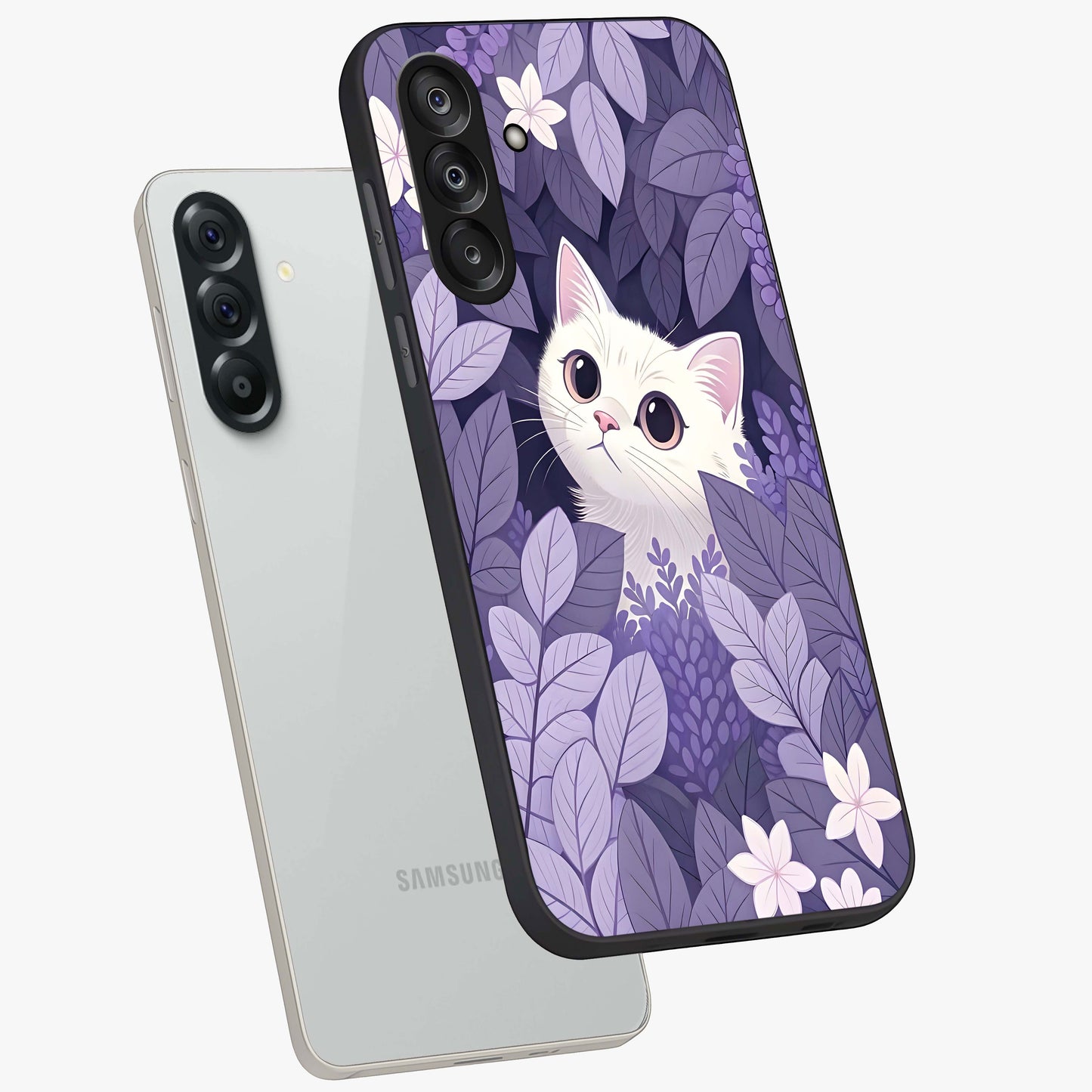 Lilac Hide Peek Cat Glass Case displayed in angled mockup highlighting playful feline illustration with lilac aesthetic design.