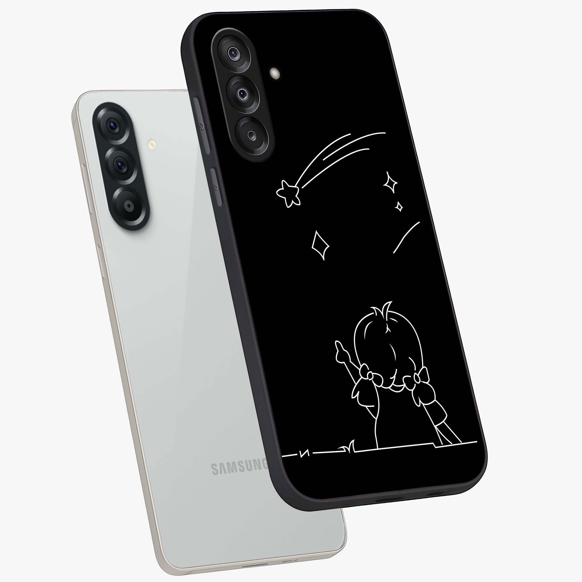 Line Art Girl With Shooting Stars Glass Case displayed in angled mockup highlighting elegant line art design with dreamy star aesthetic.
