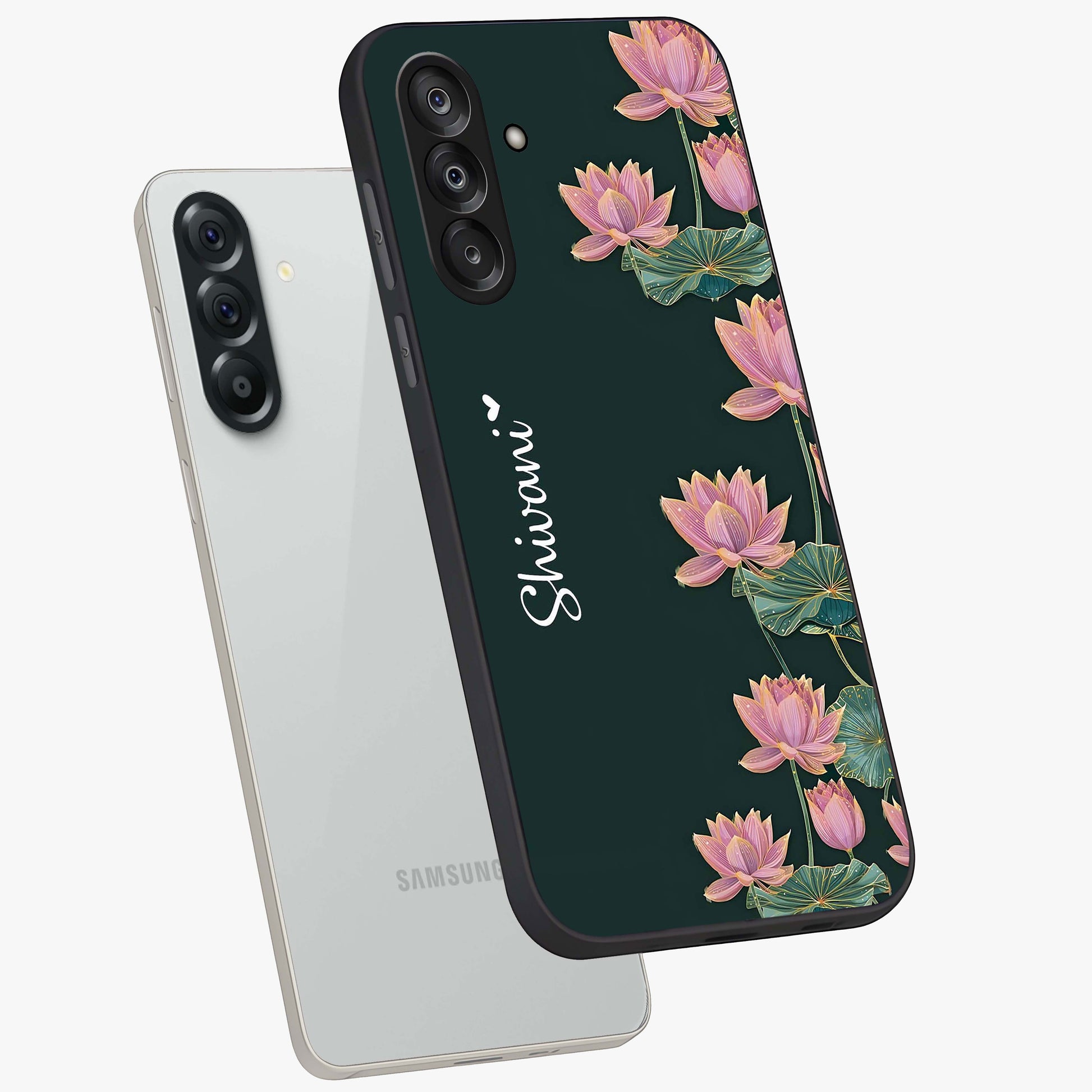 Lotus Bloom Serenity Custom Name Glass Case displayed in angled mockup highlighting graceful lotus illustration with custom name feature.