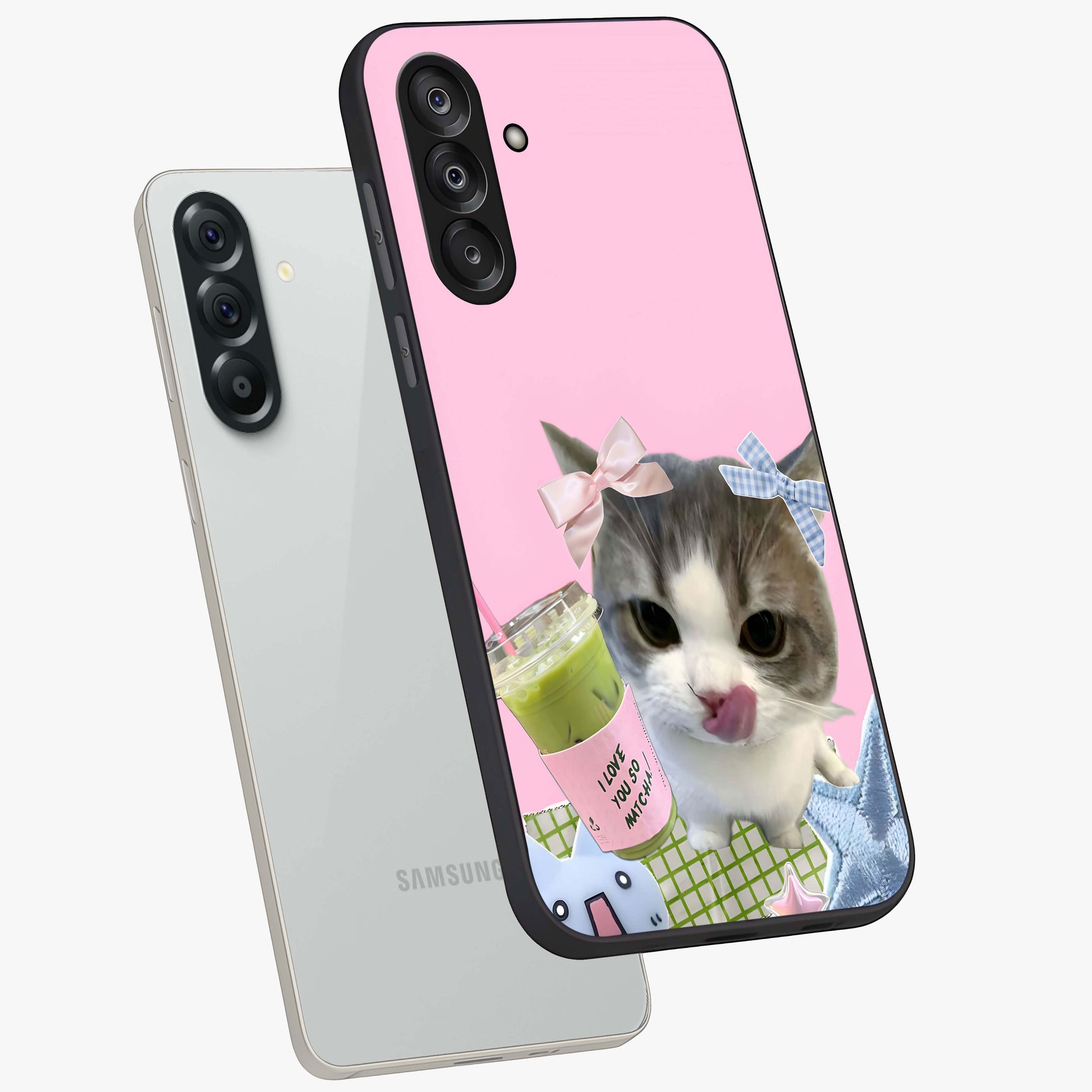 Love Matcha Cat Glass Case displayed in angled mockup highlighting playful feline illustration with cozy matcha aesthetic.