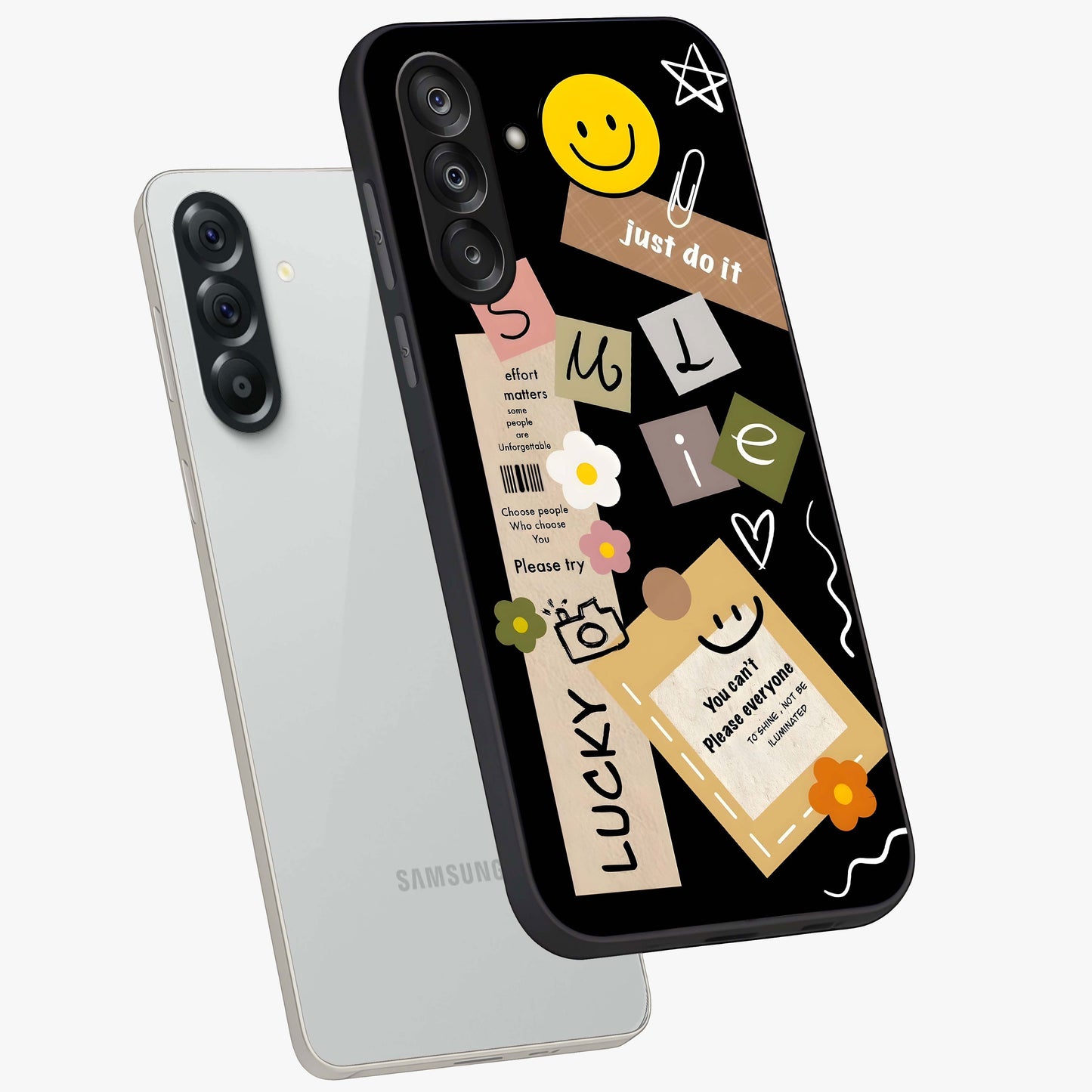 Lucky Aesthetic Collage Glass Case displayed in angled mockup highlighting stylish collage pattern with modern aesthetic vibe.