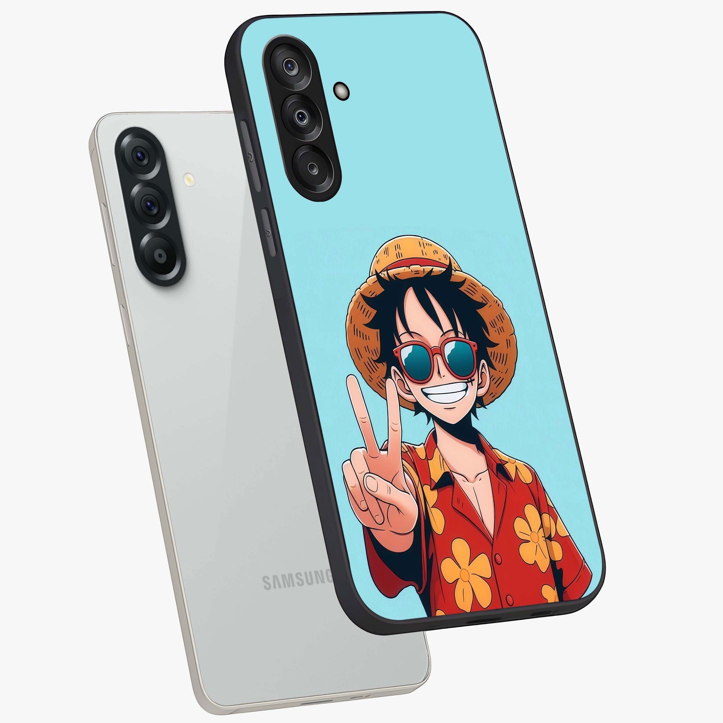 Luffy Summer Anime Vibe Glass Case displayed in angled mockup highlighting energetic anime illustration with summer vibe aesthetic.